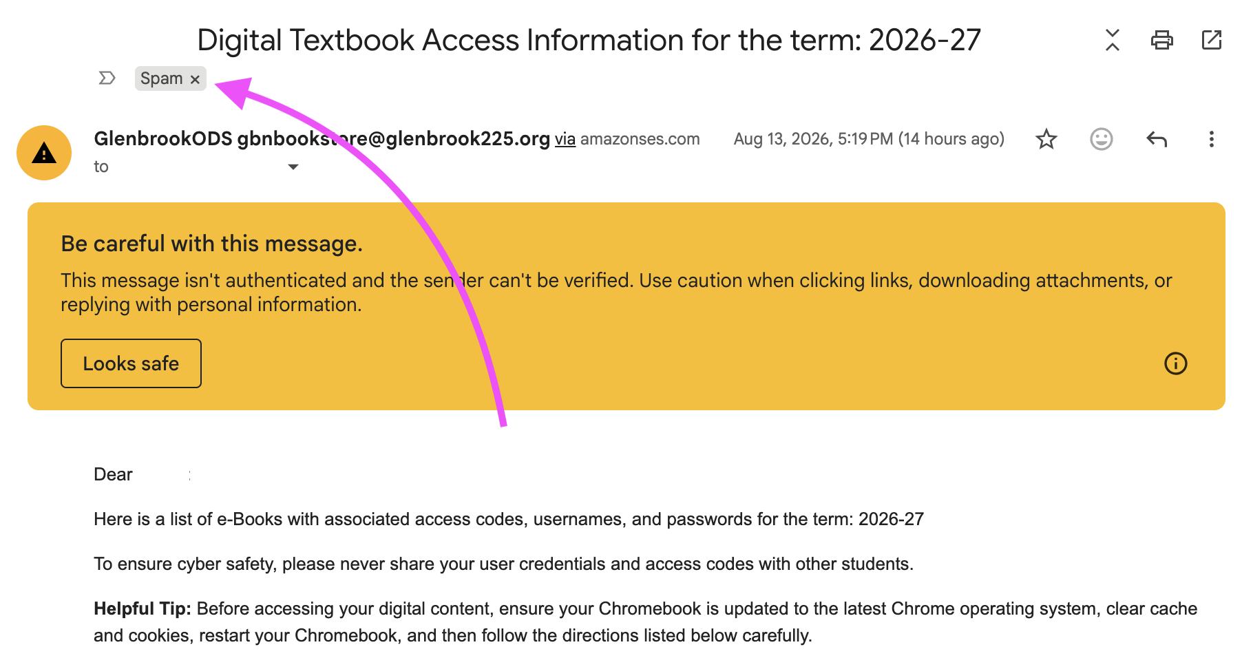 Gmail showing the bookstore email in Spam with an unauthenticated-sender warning